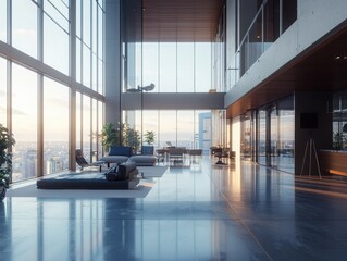 Poster - Wide-angle view of modern highrise living room monochrome interior with vibrant highlights