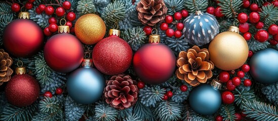 Aufkleber - Colorful Christmas ornaments and pine cones beautifully displayed among evergreen branches for festive celebrations and winter cheer.