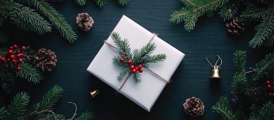 Aufkleber - Christmas gift box with spruce branches pine cones and red berries on dark wooden background holiday decoration concept