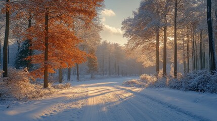 Poster - winter forest scene with snow-covered trees and a serene white landscape illuminated by soft sunligh