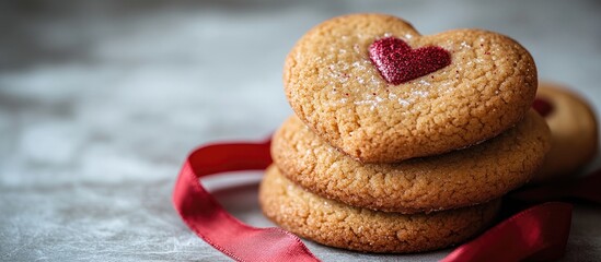 Aufkleber - Heart-shaped cookies adorned with red accents and a ribbon on a neutral background, perfect for Valentine's Day or romantic occasions.