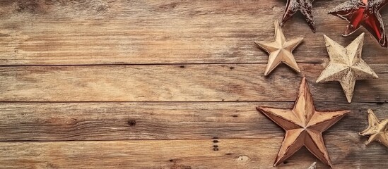 Aufkleber - Wooden Background with Vintage Christmas Decorations Featuring Stars and Snow for Holiday Home Decor and Festive Atmosphere
