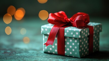 Poster - Light blue polka dot gift box with red ribbon set against a soft green background featuring warm bokeh lights for a festive atmosphere