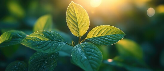 Poster - Close up of vibrant green leaves glowing in soft morning light with dew drops enhancing their natural beauty and freshness.