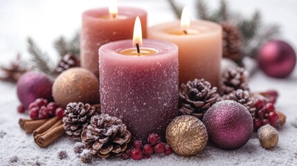 Aufkleber - Festive Christmas candles surrounded by pinecones and ornaments creating a warm holiday ambiance on a snowy background