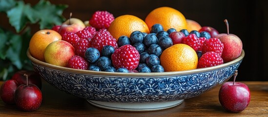 Poster - Vibrant assortment of organic fruits in decorative bowl with rich colors and rustic background ideal for festive and wellness themes