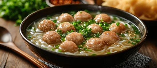 Poster - Delicious clear soup with pork meatballs and flat rice noodles garnished with fresh herbs on a rustic wooden table backdrop