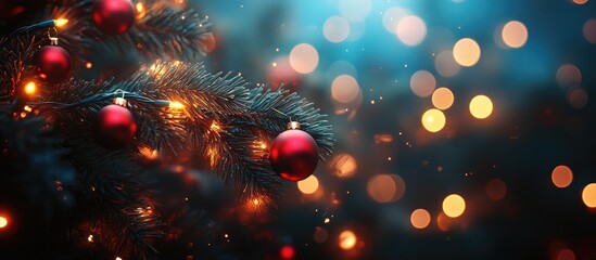 Poster - Glowing Christmas LED lights with blurred bokeh effect on a festive pine branch adorned with red ornaments and twinkling lights