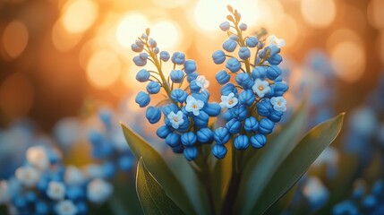 Poster - Blue flowers illuminated by natural light with a soft bokeh background creating a serene and enchanting atmosphere.