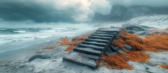 Poster - Desolate beach with broken staircase under stormy skies and turbulent sea near mountains evoking a sense of isolation and nature's power