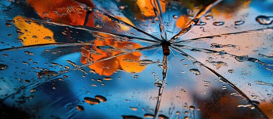 Poster - Close up of raindrops on a vibrant umbrella showcasing the beauty of a heavy rain and colorful reflections in water droplets