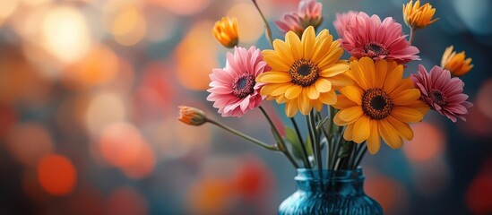 Aufkleber - Colorful floral centerpiece in a blue vase enhancing the ambiance of a dinner table setting during twilight hours