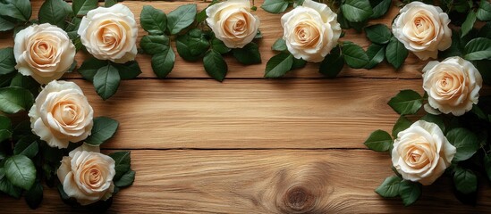 Poster - Elegant arrangement of light pink roses and green leaves on a rustic wooden background with blank space for customization and text insertion