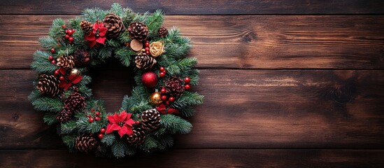 Aufkleber - Christmas wreath adorned with pine cones and red flowers set against a rustic wooden background for festive holiday decor