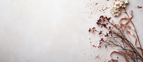 Poster - Dry flower branches ribbon and candy sprinkles on light gray background with copy space for seasonal or wedding themed designs top view flat lay