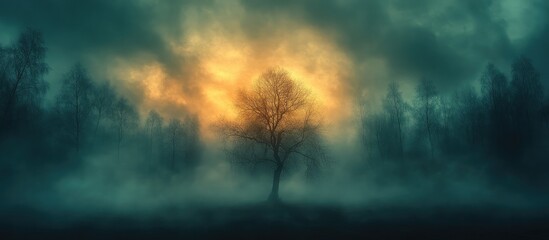 Poster - Mysterious silhouette of a lone tree against a dramatic cloudy sky at dawn in a foggy landscape with vibrant colors and moody atmosphere