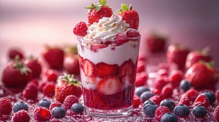 Poster - Fruit dessert in a glass with fresh strawberries blueberries raspberries and yogurt decorated with whipped cream against a light background