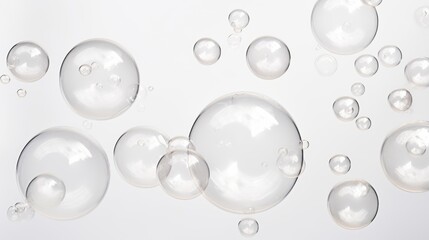 Poster - Collection of transparent soap bubbles floating gracefully on a clean white background creating a serene and delicate atmosphere
