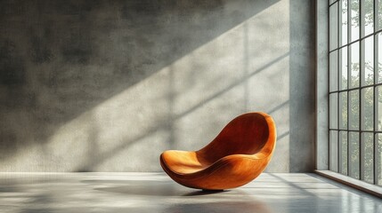 Poster - Modern urban indoor space featuring a stylish empty chair with natural light streaming through large windows.