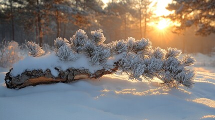 Aufkleber - Snow-covered Christmas tree branches glistening in the sunlight of a serene outdoor winter landscape