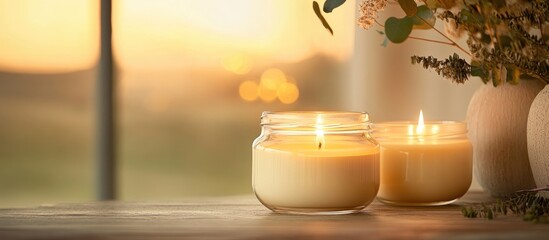 Poster - Candles in glass jars with soft glowing flames and golden bokeh background creating a warm and inviting atmosphere in a cozy setting