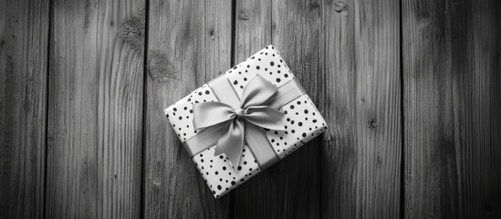 Poster - Dotted gift box with ribbon on rustic wooden background showcasing classic holiday or birthday gift aesthetics
