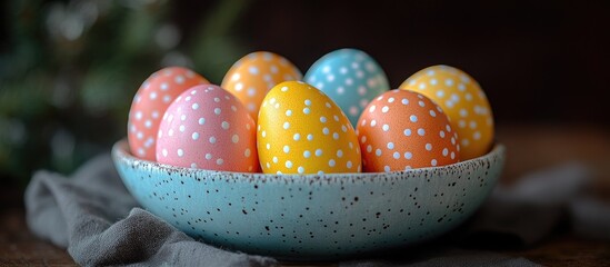 Aufkleber - Vibrant Easter eggs in a retro dish with selective focus and shallow depth of field creating a festive spring atmosphere