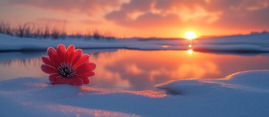 Poster - Winter sunrise at the polar circle with a flower on snow highlighting the contrast between seasons and nature's beauty