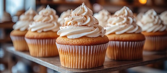 Poster - Deliciously decorated cupcakes displayed on a rustic dessert stand showcasing tempting closeup details and inviting textures
