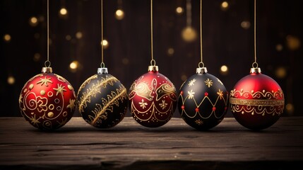 Poster - Elegant Christmas ornaments in red and black with intricate designs hanging against a blurred golden bokeh background for holiday decorations.