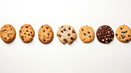 Poster - Variety of freshly baked cookies arranged in a row on a clean white background showcasing different flavors and textures.