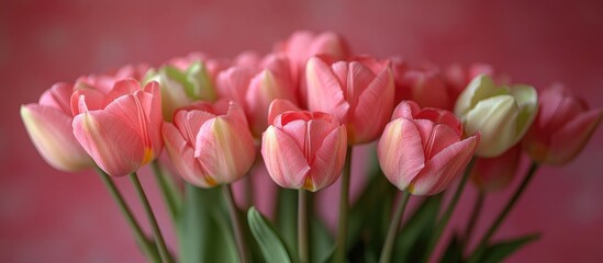 Poster - Delicate bouquet of pink and green tulips on a soft pink backdrop with ample copy space for text or branding purposes