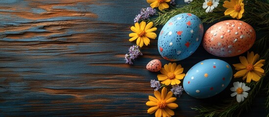 Aufkleber - Easter still life with colorful decorative eggs and vibrant spring flowers on a rustic wooden background showcasing seasonal beauty and warmth