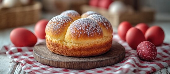 Aufkleber - Easter cake on wooden plate with red eggs on checkered tablecloth celebrating traditional Kulich holiday against a white background