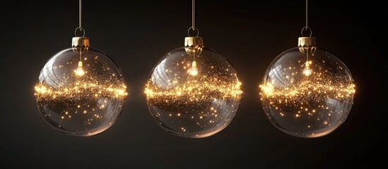 Poster - Elegant Christmas tree ornaments with glowing lights and shimmering decorations in a dark backdrop creating a festive atmosphere.