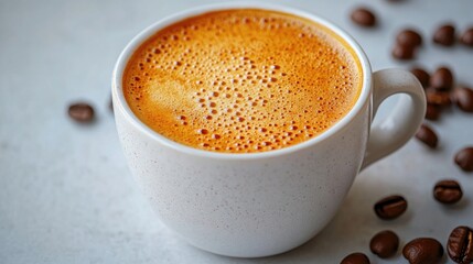 Poster - Coffee latte in white ceramic mug with frothy surface surrounded by coffee beans on light background