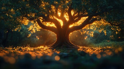 Poster - majestic tree with sprawling branches illuminated by sunset casting a warm glow in a serene forest l