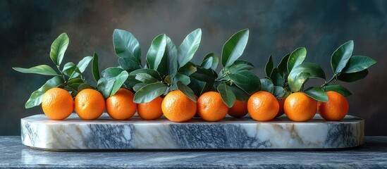 Poster - Eclaire with kumquats and fresh leaves displayed on a polished marble slab against a textured background