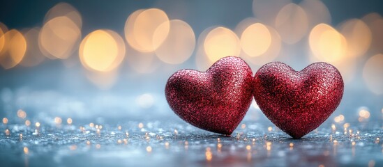 Poster - Red glitter hearts on a white surface with soft bokeh lights creating a romantic atmosphere for Valentine's Day or love-themed concepts