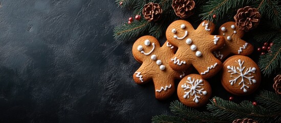 Poster - Gingerbread cookies decorated for Christmas with spruce branches and pine cones on a dark background creating a festive holiday atmosphere