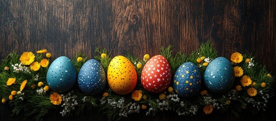 Aufkleber - Colorful Easter eggs arranged with flowers on a rustic wooden background for festive spring decoration and celebration themes