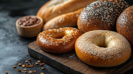 Aufkleber - Freshly baked German pretzels and assorted bagels displayed on a rustic wooden table ideal for a hearty breakfast spread.