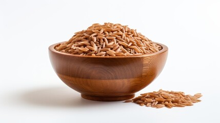Poster - Brown rice in a wooden bowl with a white background showcasing its natural color and texture for culinary and health-focused themes
