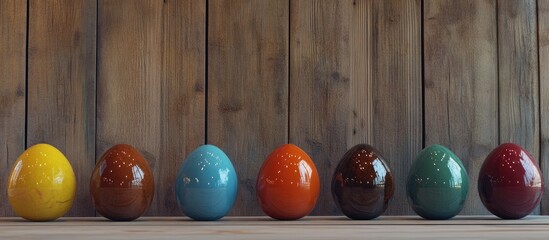 Aufkleber - Colorful Easter eggs displayed in a row against a rustic wooden wall creating a festive and vibrant holiday atmosphere.