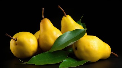 Poster - Vibrant fresh yellow pears with lush green leaves arranged elegantly on a dark background showcasing their natural beauty and freshness