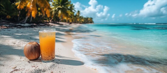 Leinwandbilder - Tropical cocktail in coconut on sandy beach with palm trees and turquoise ocean in sunny travel destination