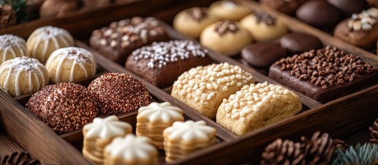 Poster - Assorted holiday cookies beautifully arranged in a wooden box with decorations for festive celebrations and seasonal gatherings.