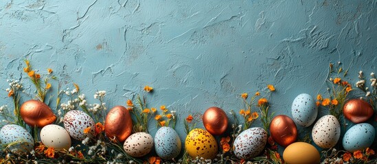 Aufkleber - Easter themed border with painted copper and quail eggs surrounded by flowers on a textured blue backdrop with copy space for greetings