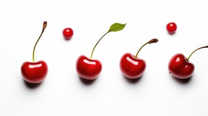 Poster - Fresh red cherries arranged artistically on a clean white background showcasing their vibrant colors and natural beauty.