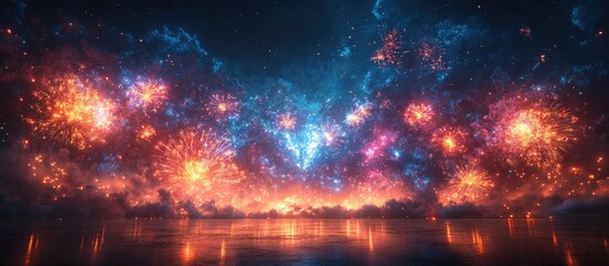 Poster - Spectacular fireworks display illuminating the night sky with vibrant colors and reflections over calm waters.